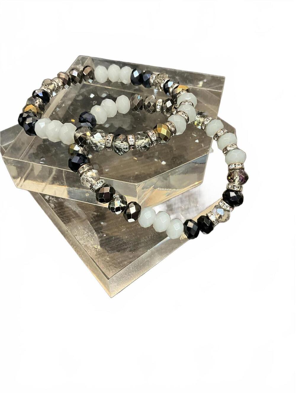 Beaded Bracelet Set Black White & Metallic stretch bracelets